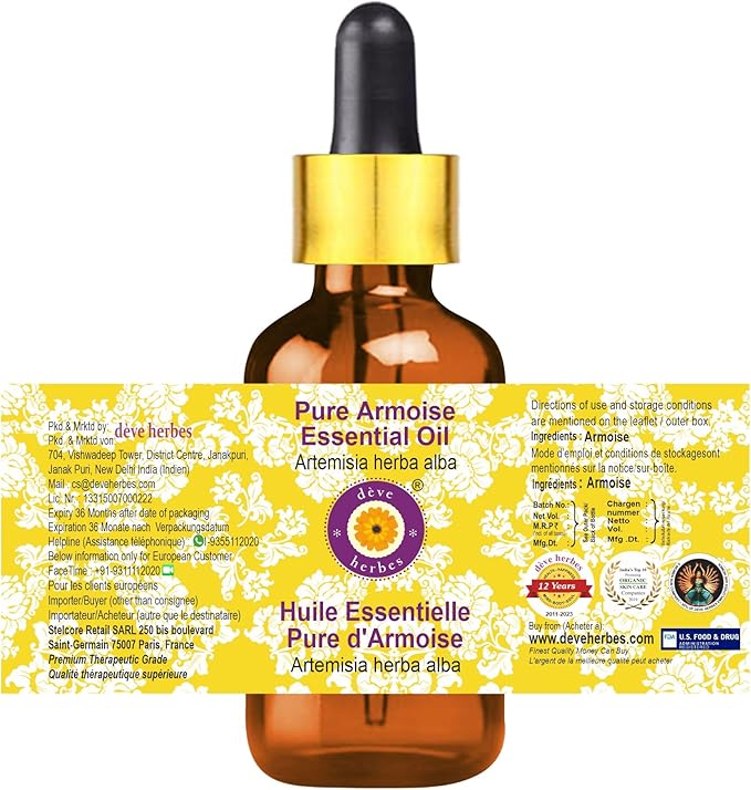 Deve Herbes Pure Armoise Essential Oil (Artemisia herba alba) with Glass Dropper Steam Distilled (Pack of Three) 100ml X 3 (10 oz)