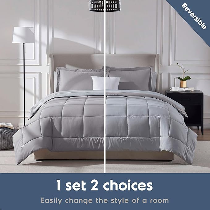 Nestl 9 Piece King Comforter Set – Grey Lavender Reversible Bed in a Bag – Complete King Size Bedding Set with Sheets, Set of 2 Cooling Pillows, Pillowcases and Shams