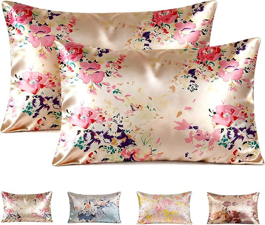 100% Mulberry Silk Pillowcase for Hair and Skin care, Envelope Closure, Natural &Vintage Floral Printed Cooling & Slip Silk Pillow Case, Both Sides Soft Breathable, Queen size, 1 Pack (Beige (2 Pack))