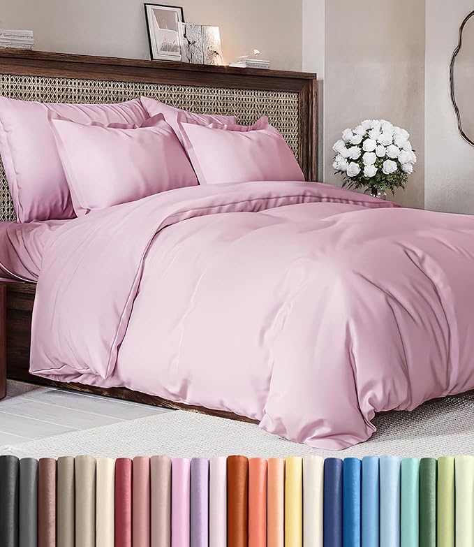 Duvet Cover Full Size Set - Extra Soft Full Duvet Cover 80" x 90" with 2 Pillow Shams - Hotel Luxury, Easy Care & Fade Free w/ Zipper Closures & Ties - All Season, Comfy and Breathable (Light Pink)