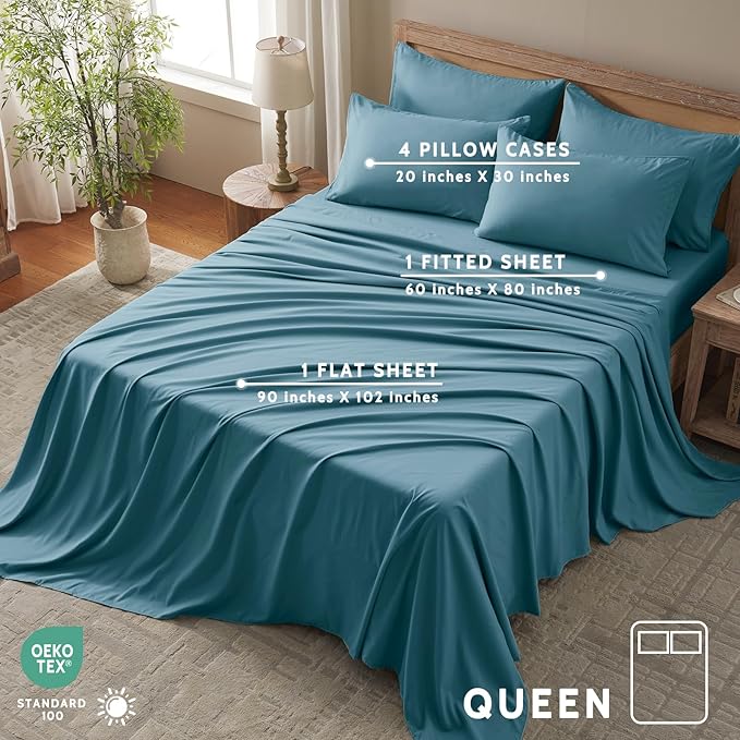 Queen Sheet Set - 6 Piece Sheets Queen Size Bed Set - Breathable & Cooling Hotel Luxury Bedding Set - Soft & Comfy Fully Elasticized 16" Deep Pocket Queen Sheets (Queen Denim Blue)