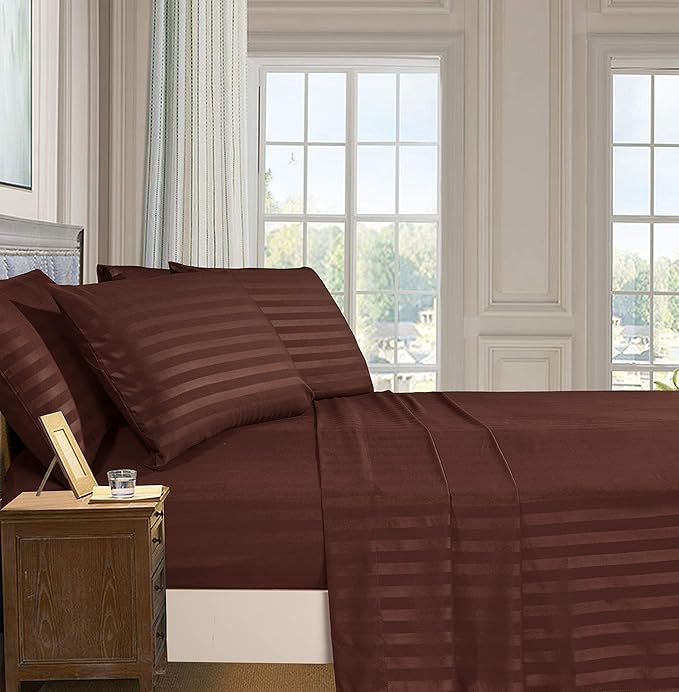 Elegant Comfort Softest and Coziest 4-Piece Sheet Set - 1500 Premium Hotel Quality Microfiber - Luxurious Wrinkle Resistant 4-Piece Damask Stripe Bed Sheet Set, Twin, Chocolate Brown