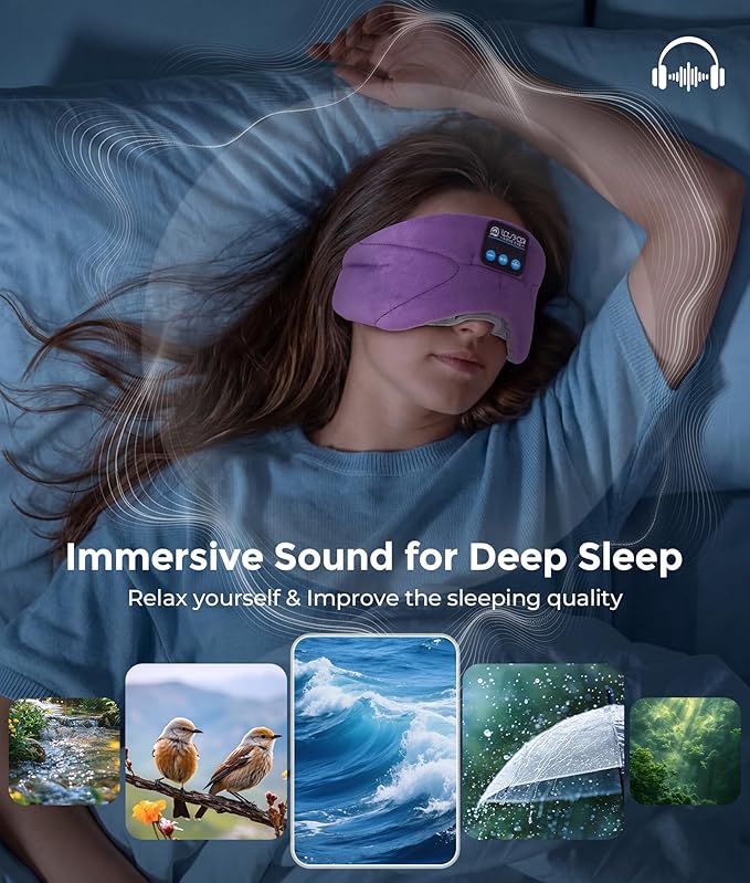 LOVE EYE Sleep Headphones Bluetooth 5.4 Sleeping Eye Mask Wireless Music Earphones with HD Speakers for Side Sleepers Total Blackout Cotton Mask for Travel, Office, Unique Gifts (Lavender Purple)
