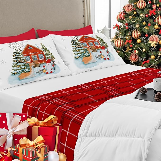 YIYEA Christmas King Size Pillow Cases Set of 4, Ultra Soft Double Brushed Microfiber Red Pillowcases and Christmas Pillow Covers, Envelope Closure, Fade Resistant (20"x36")
