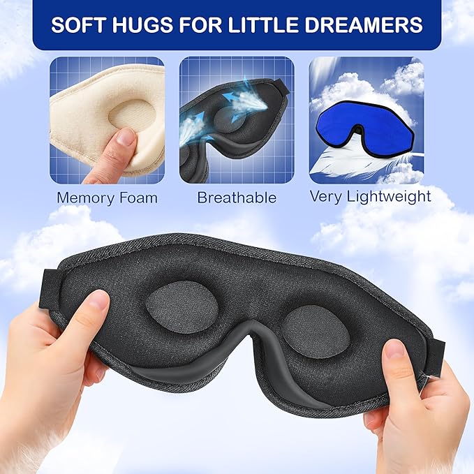 3D Sleep Mask for Kids, Light Block Sleeping Blindfold Memory Foam Contoured Eye Mask for Sleep, Adjustable Strap Eye Cover and Travel Sleep Mask for Boys Girls, Dark Blue