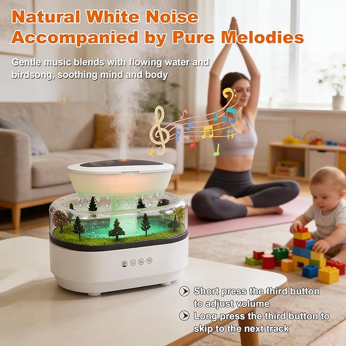 Essential Oil Diffusers, 7-Color Rainfall Cloud Diffuser, Silent Rain Lamp Timer Diffusers with Music and Micro Landscape Ultrasonic,Water Drip Sound Diffusers for Bedrooms, Offices, and Hotels