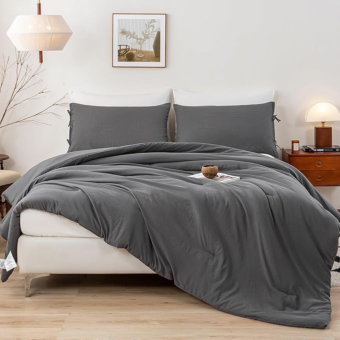 King Bed Comforter Set, Super Soft Washed Polycotton Fabric, Cozy Comfy Down Alternative Bed Blanket 1 Comforter Set & 2 Pillowcase Lightweight but Warm for All Season Use,King Dark Grey