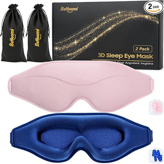 BeHoomi Sleep Mask, 2 Packs Premium Eye Mask for Sleeping, Total Blackout, Superior Soft Comfort, Upgraded 3D Ergonomic Designed Sleeping Mask for Home, Office, Travel, Meditation, Yoga, Blue & Pink