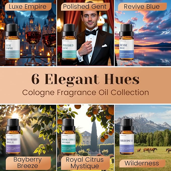 Fragrance Oil, Cologne Oils for Men, Aromatherapy Essential Oils Set for Candle & Soap Making (6x10ML) - Luxe Empire, Polished Gent, Bayberry Breeze Aromatherapy Oils for Men