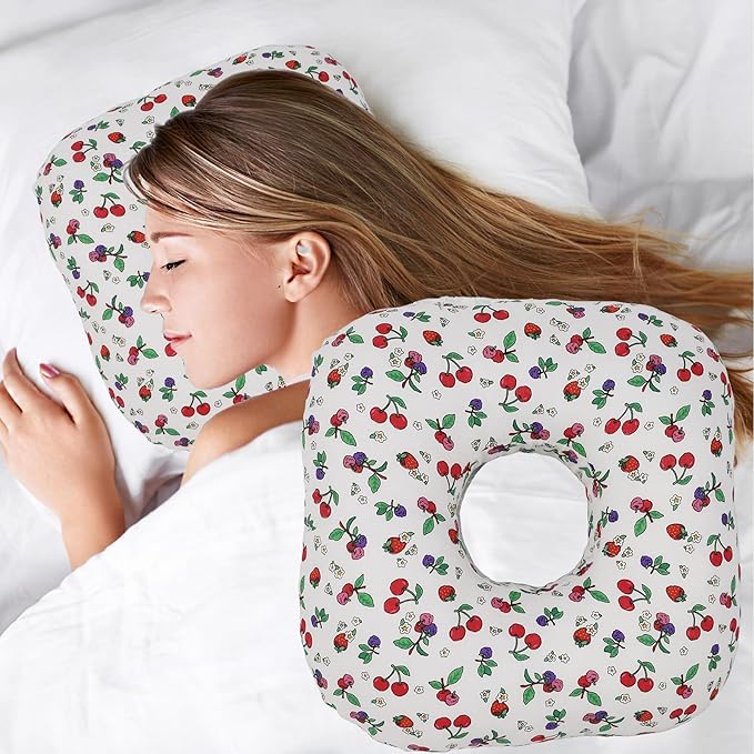 Ear Piercing Pillow for Side Sleepers, Pillow with an Ear Hole for CNH and Ear Pain Ear Inflammation Pressure Sores, O-Shaped Side Sleeping Pillow, Ear Guard Pillow (White Cherry)
