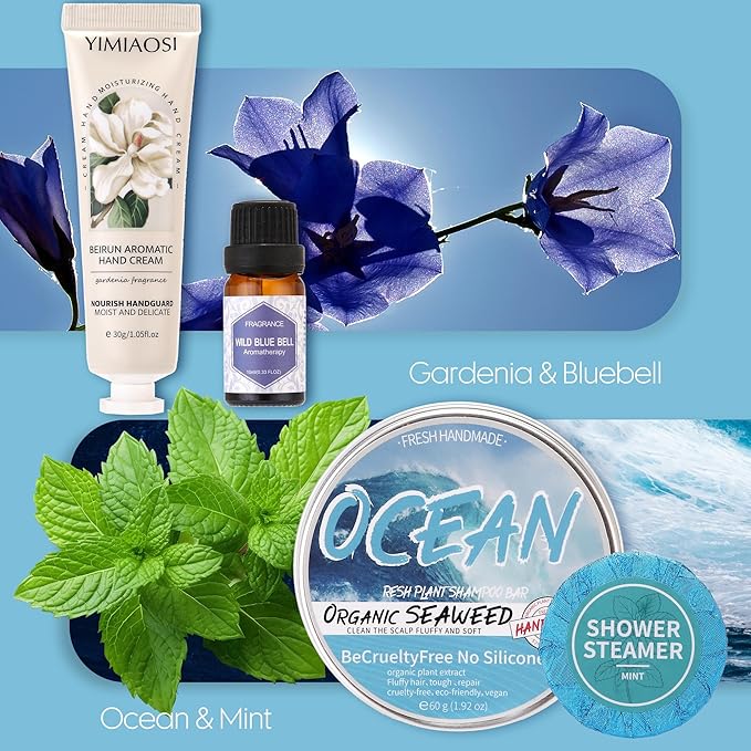 Sea Team 16-Pack Relaxing SPA Gift Set for Women, Valentine Day Gift, Shower Kit with Bath Bomb, Bath Salt, Handmade Soap, Cream, Essential oil, Gift Box Included, Bluebell