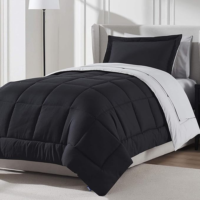 Nestl 7 Piece Twin XL Comforter Set – Black Reversible Bed in a Bag – Complete Twin XL Size Bedding Set with Sheets, Set of 2 Cooling Pillows, Pillowcase and Sham