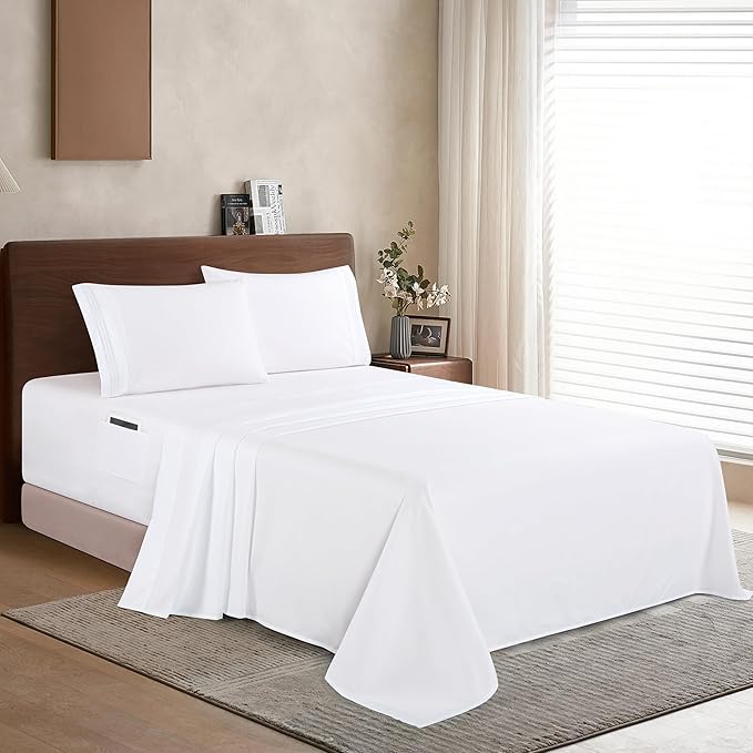 Elegant Comfort Luxury 1500 Premium Hotel Quality Microfiber 4-Piece Sheet Set - Soft, All Around Elastic 18-24 Inches Deep Fitted Sheet - Extra Deep Pocket Sheets, King, White