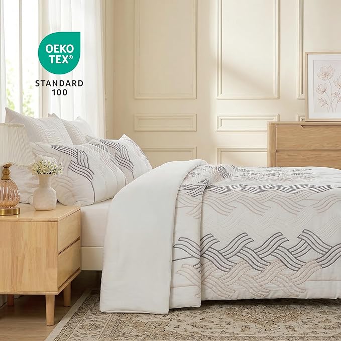 UNIKOME King Size Comforter Set White - Luxury Rope Embroidery Ultra Soft Lightweight Warm Bedding Set for All Seasons, 3 Pieces Down Alternative Bed Set with Comforter, 2 Pillowcases