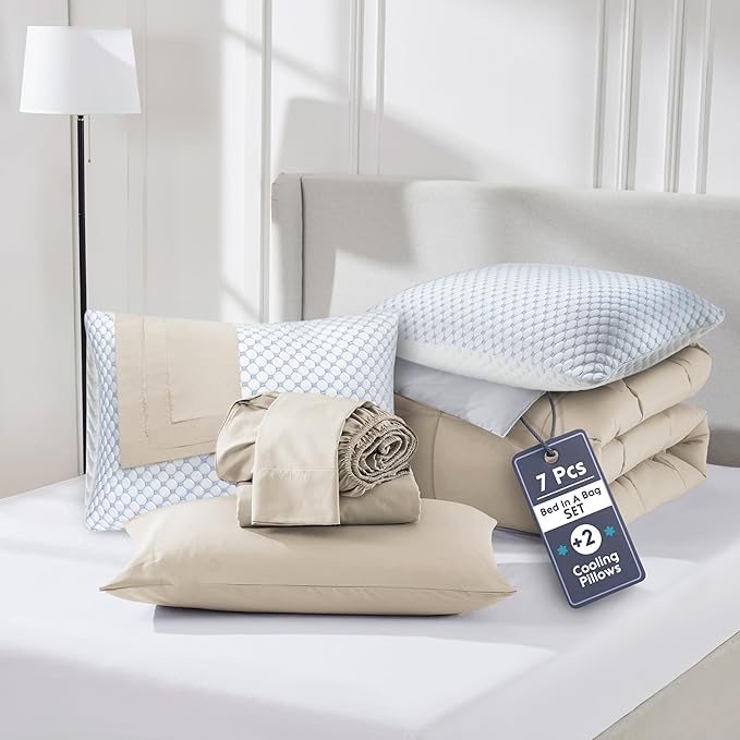 Nestl 9 Piece King Comforter Set – Beige Reversible Bed in a Bag – Complete King Size Bedding Set with Sheets, Set of 2 Cooling Pillows, Pillowcases and Shams
