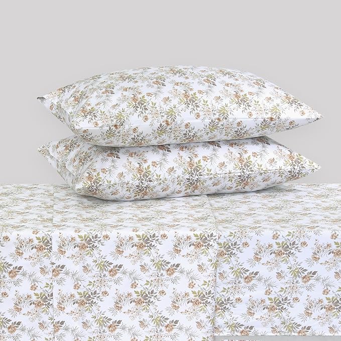 Feather & Stitch Printed 500 TC Full Size 4pc Damask Bed Sheet Set, 100% Soft Cotton Breathable Bedsheets, 18" Deep Pockets Sateen Weave Striped Bedding Mattress Resort Hotel Luxury - Rose Floral