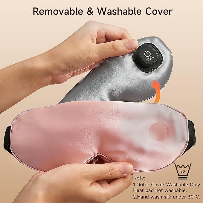 Cordless Eye Mask with Heat and Cooling, Silk Heated Eye Mask for Dry Eyes, Eye Relief, Timed Shutdown, 3 Temperature, Eye Mask for Travel, Washable Cover, Pink