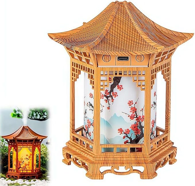 Zen Pavilion Lantern Aroma Diffuser & Night Light,160ml Essential Oil Diffuser with 2 Mist Modes,Japanese Style Zen Garden Humidifier,Warm Cool White LED,Quiet Operation for Yoga,Meditation & Sleep