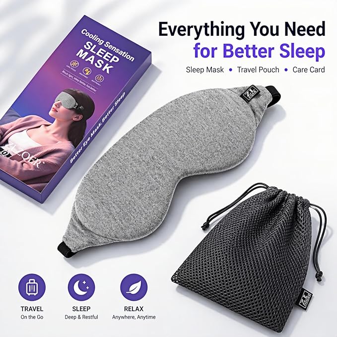 Cool Touch Cotton Eye Sleep Mask for Men & Women, Soft & Breathable, Pressure-Free Design for Side Sleepers, Adjustable Light Blocking Mask for Sleeping, Travel & Naps (Gray)