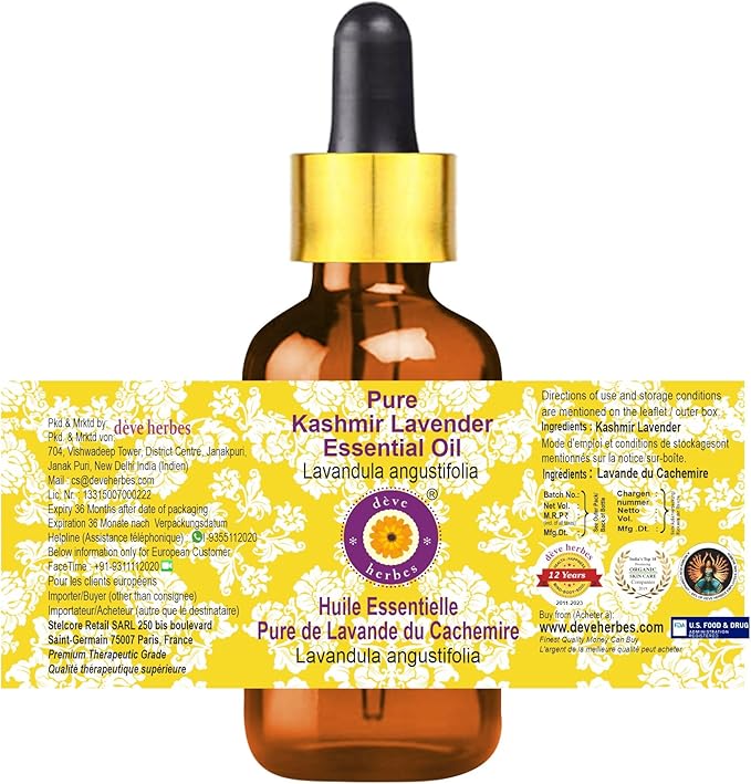 Deve Herbes Pure Kashmir Lavender Essential Oil (Lavandula angustifolia) with Glass Dropper Steam Distilled 2ml (0.06 oz)