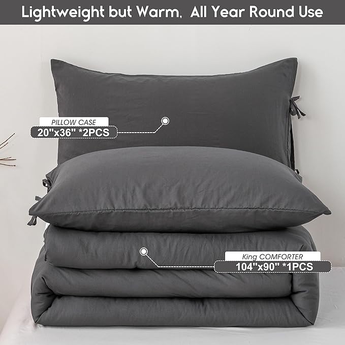 King Bed Comforter Set, Super Soft Washed Polycotton Fabric, Cozy Comfy Down Alternative Bed Blanket 1 Comforter Set & 2 Pillowcase Lightweight but Warm for All Season Use,King Dark Grey
