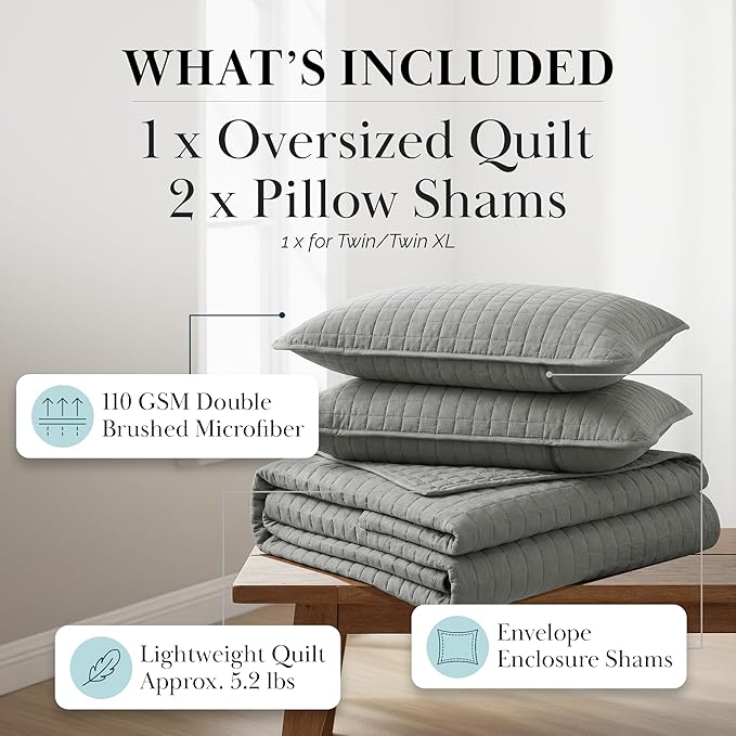 Southshore Fine Living, Inc. Twin XL Quilt Set, Dorm Room Bedding Essentials, Hotel Quilt, Soft Bedspread Twin XL Grey Quilt Bed Spread with Pillow Sham, Vacation Rental Quilt, Steel Grey Quilts