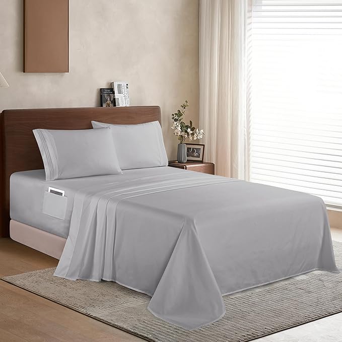 Elegant Comfort Luxury 1500 Premium Hotel Quality Microfiber 4-Piece Sheet Set - Soft, All Around Elastic 18-24 Inches Deep Fitted Sheet - Extra Deep Pocket Sheets, Queen, Silver Grey