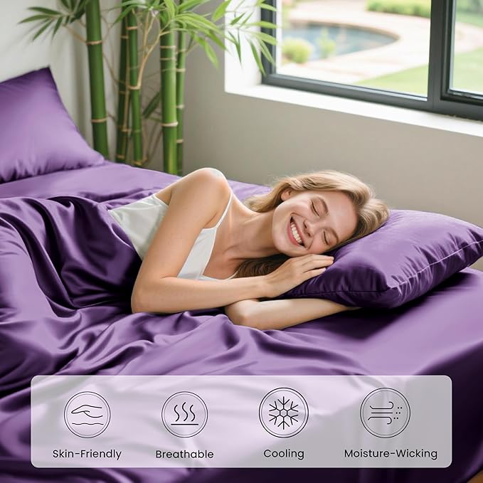 Love's cabin 4 Piece King Size Sheet Set, 100% Rayon Derived from Bamboo, Cooling & Breathable, Soft Silky Deep Pocket up to 16", Hotel Luxury Bedding for Hot Sleepers, Purple