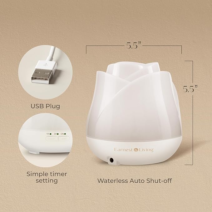 Earnest Living Rose Essential Oil Diffuser 150ml – Mini Ultrasonic Aromatherapy Humidifier for Bedroom & Desk, Quiet Mist, USB Powered, 7-Color Night Light, for Women – Solid White