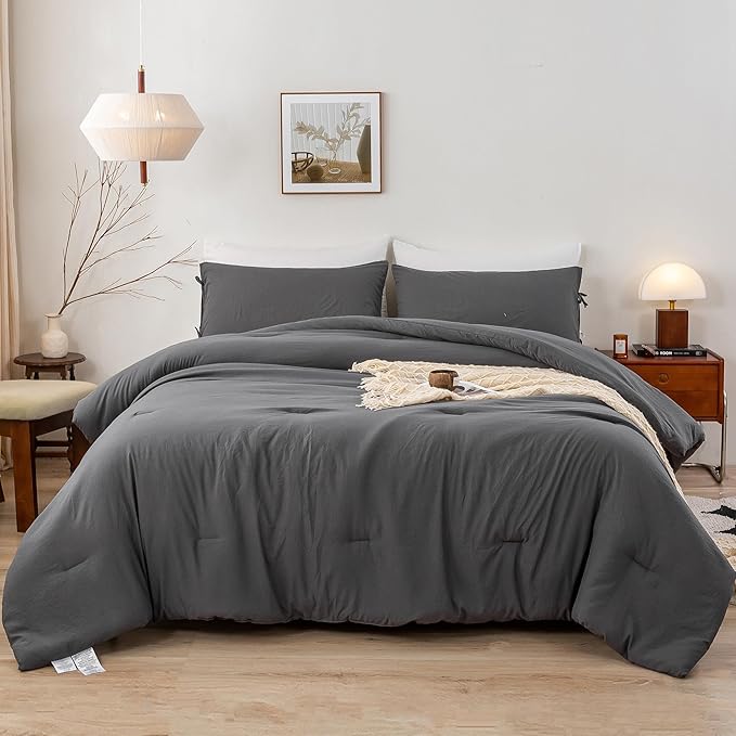 King Bed Comforter Set, Super Soft Washed Polycotton Fabric, Cozy Comfy Down Alternative Bed Blanket 1 Comforter Set & 2 Pillowcase Lightweight but Warm for All Season Use,King Dark Grey