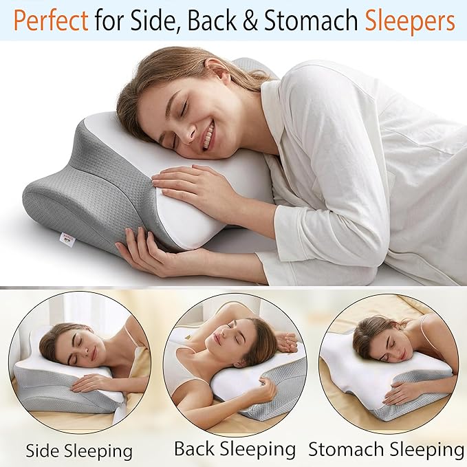 Cervical Neck Pillow for Pain Relief, Memory Foam Contour Pillow Dual Height 5.5/3.7 for Neck Shoulder Support – Ergonomic Orthopedic Cooling Pillow Side Back Stomach Sleepers Arm Support