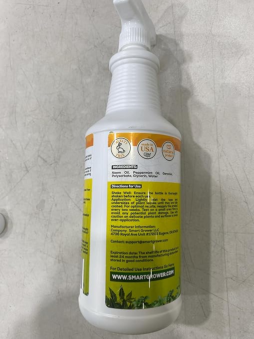 Neem Oil Spray for Plants with Peppermint Oil, Natural Plant Wash Made for Indoor Household Plants Smart Grower 32oz Easy Ready to Use Spray
