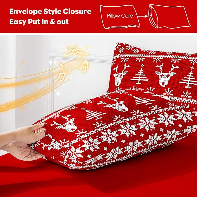 YIYEA Christmas King Size Pillow Cases Set of 4, Ultra Soft Double Brushed Microfiber Red Pillowcases and Christmas Reindeer Pillow Covers, Envelope Closure, Fade Resistant (20"x36")