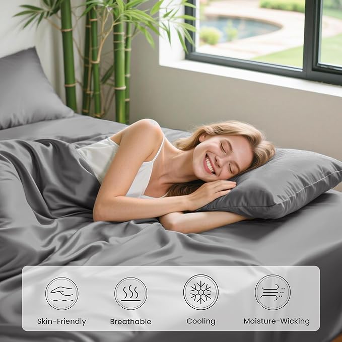Love's cabin 3 Piece Twin XL Sheet Set, 100% Rayon Derived from Bamboo, Cooling & Breathable, Soft Silky Deep Pocket up to 16", Hotel Luxury Bedding for Hot Sleepers, Grey