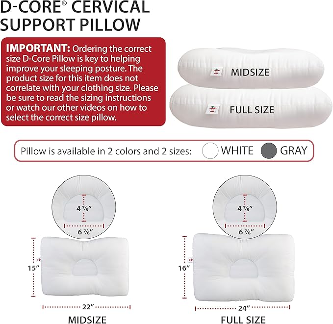 Core Products D-Core Cervical Neck Pillow - Extra Firm Orthopedic Support for Neck Discomfort, Back Sleepers, Dual Neck Rolls, Cervical Alignment, Midsize, Assembled in USA