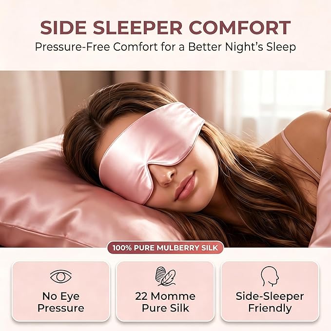Silk Sleep Mask for Side Sleepers, Eye Mask for Sleeping Women Men, Face-Hugging Padded Eye Cover, 100% 22 Momme Pure Mulberry Silk, Soft Light Blocking Mask for Travel, Naps & Shift Workers (Pink)