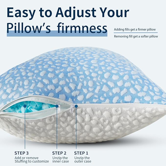 Firm Memory Foam Bed Pillows Queen Size Set of 2,Adjustable Cooling Side Sleeper Pillow,Hotel Collection Breathable Support, Washable Cover with Zipper,Home Gifts