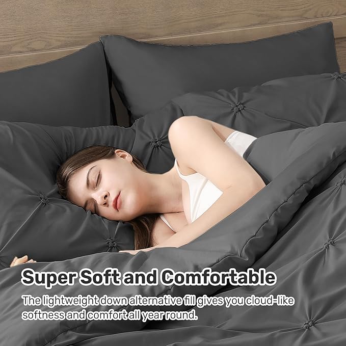 UNIKOME Queen Comforter Set Dark Gray - Ultra Soft Boho Pintuck Down Alternative Bedding Set for All Seasons, 3 Pieces Lightweight Warm Pinch Pleat Bed Set with Comforter, 2 Pillowcases