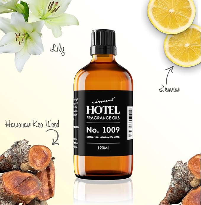 AirScent Hotel Diffuser Oil No. 1009 - Lemon Lily Hawaiian Koa Wood - Hotel Scent Dupe - Premium Fragrance Oil for Ultrasonic and Waterless Diffusers and Crafting - 30 mL, 1 fl oz Glass Bottle