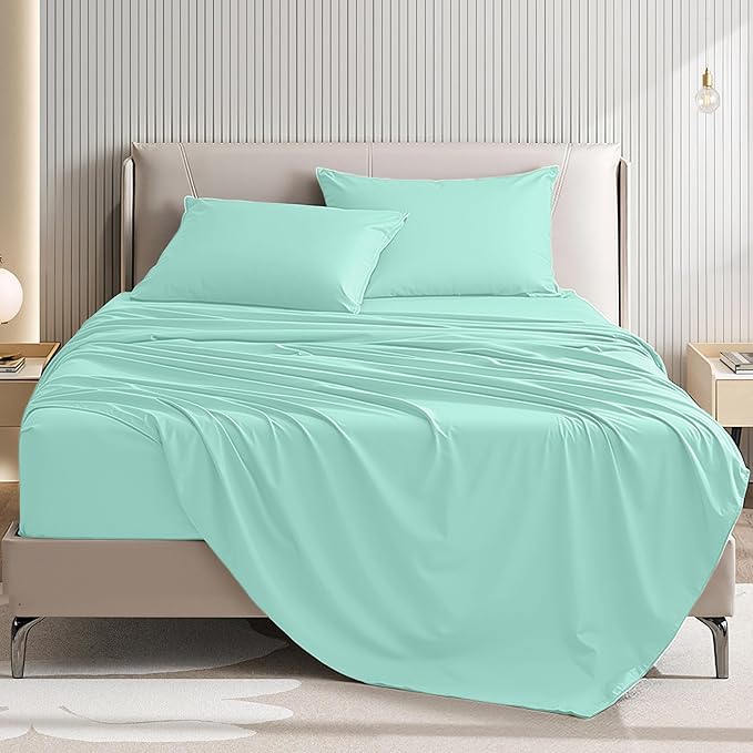 Queen Size 4 Piece Bed Sheet Set - Premium Breathable & Cooling Sheets - Ultra Imitation Cotton - Hotel Luxury Bed Sheets Deep Pocket up to 15"- Wrinkle, Fade, Stain Resistant (Spa Blue, Queen)