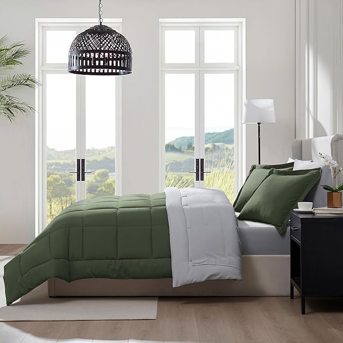 Nestl 9 Piece California King Comforter Set – Olive Green Reversible Bed in a Bag – Complete Cal King Size Bedding Set with Sheets, Set of 2 Cooling Pillows, Pillowcases and Shams