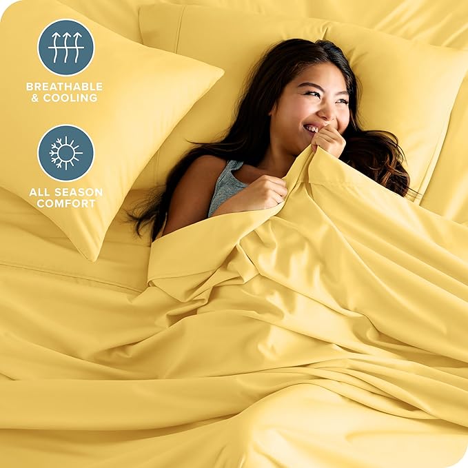 Bare Home Split Head Flex King Sheet Set - 1800 Ultra-Soft Microfiber Bed Sheets - Double Brushed - Deep Pockets - Easy Fit - 4 Piece Set - Bedding Sheets & Pillowcases (Lemon Drop)