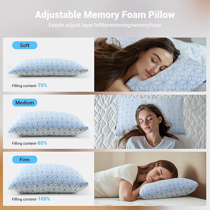 puredown® Standard Pillows Set of 2, Cooling Pillow Full Size 2 Pack, Adjustable Shredded Memory Foam Pillows for Side Back Stomach Hot Sleepers, Ice Blue