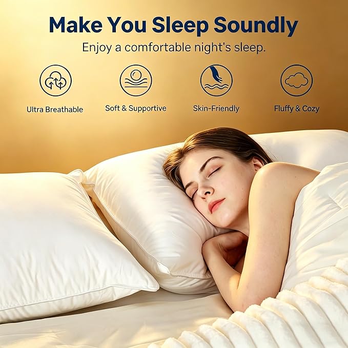 UNIKOME Ultra Soft Pillows Queen Size Set of 2 - Hotel Collection Luxury 100% Cotton Cover Down Alternative Bed Pillow, Fluffy Pillows for Back, Stomach or Side Sleepers
