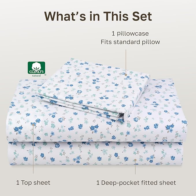 California Design Den Soft Twin Size 100% Cotton Sheet Sets, 400 Thread Count Good Housekeeping Award Winner, Smooth Sateen Finish, Cozy and Durable Twin Bedding Set - Floral White/Blue