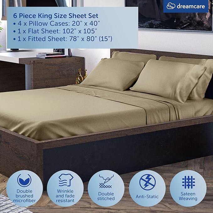 DREAMCARE King Size Sheets Set - 6 pcs Breathable Cooling Bed Sheets - up to 15" Deep Pocket King Sheet Set with Side Pockets - Extra Soft 100% Brushed Hypoallergenic Hotel Luxury Bedding - Eucalyptus