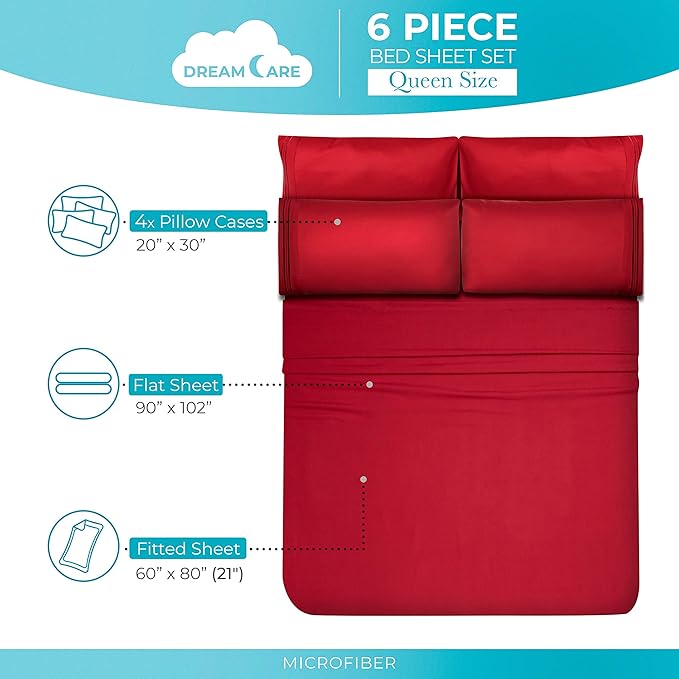 DREAMCARE Queen Sheet Set - 6 pcs Breathable Cooling Bed Sheets - up to 21" Extra Deep Pocket Queen Sheets Set with Side Pockets - Extra Soft 100% Brushed Hypoallergenic Hotel Luxury Bedding -Burgundy
