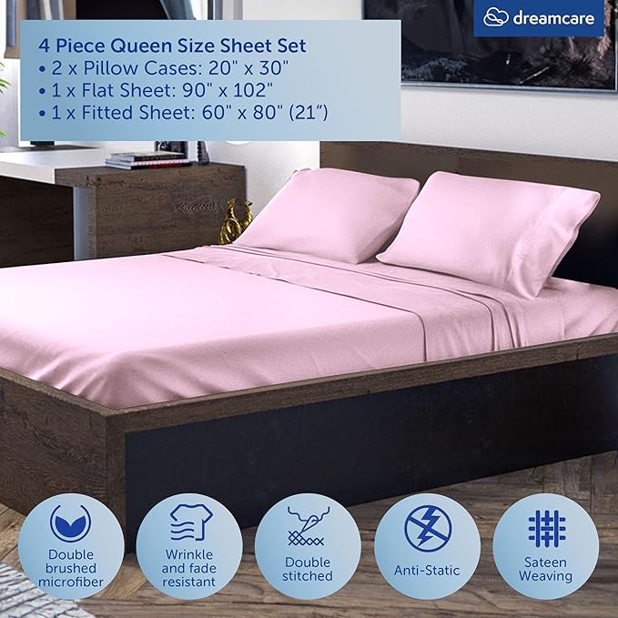 DREAMCARE King Size Sheets Set - Cooling Bed Sheets - 4pcs Set - up to 15" Deep Pocket King Sheet Set – Soft & Long Lasting Cooling - 100% Fine Brushed Polyester with Side Pocket, Pink