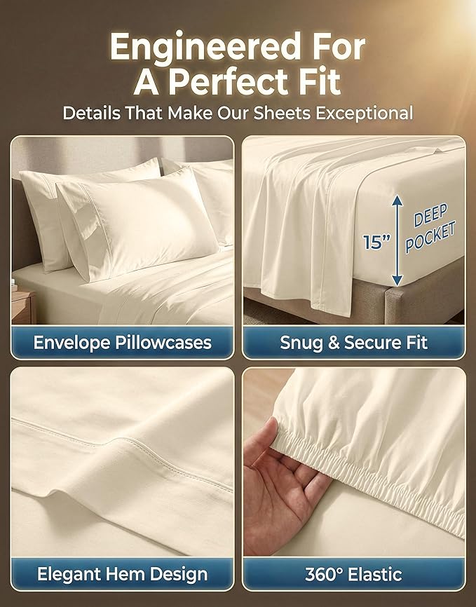 LANE LINEN Cal King Bed Sheets - 600 Thread Count Sateen Weave - Extra Thick & Comfy Cotton Sheets for Hotel Quality Softness - Securely Fits Mattress Upto 15'' Deep - Oeko Tex Certified - Ivory