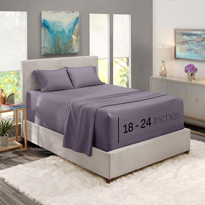 Nestl Full Size Sheet Set, 4 Piece Extra Deep Pocket (18-24 inches), Microfiber, Hotel Luxury, Soft, Breathable, Wrinkle-Free, Easy to Care, Grayish Purple